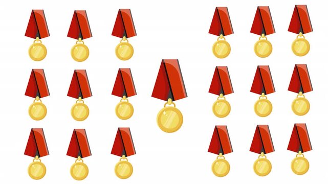 Shiny gold medal awards with red ribbon attachments, perfect for celebrating victories and achievements in various projects. Suitable for competition themes and designs.