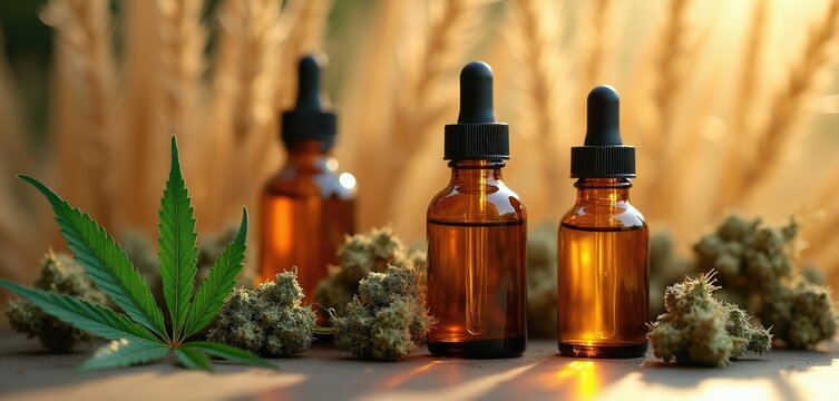 Amber glass dropper bottles hold cannabis oil extract. Nearby are dried marijuana buds and a fresh green leaf. Background shows wheat stalks in warm light.