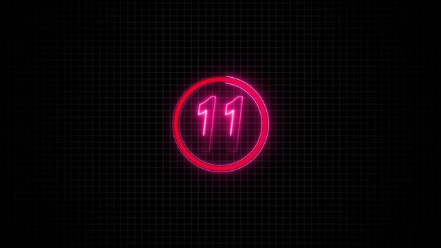 Neon red number 11 countdown timer with digital grid background, for motion eleven