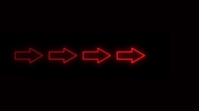 Red neon arrows flashing in sequence on black background, for directional signage, and motion