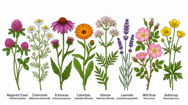 Collection of Medicinal Wild Flowers Vector Illustration: Magenta Clover, Chamomile, Echinacea, Calendula, Valerian, Lavender, Wild Rose, and Buttercup