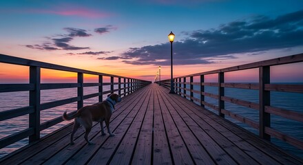 Naklejka premium Dog on a wooden pier at sunset overlooking the sea