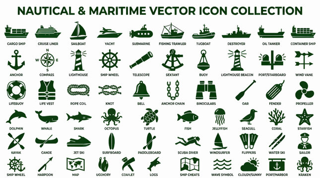 Nautical and Maritime Vector Icon Collection, Flat Design Marine Symbols, Ships, Animals, and Equipment