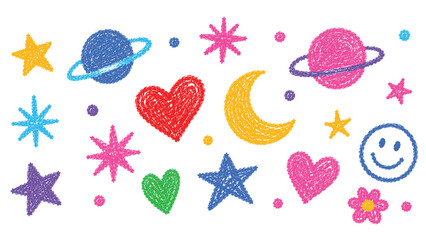 Colorful hand-drawn doodle collection featuring Saturn planets, crescent moon, stars, hearts, and a smiley face in a textured crayon or marker style isolated on a white background. © Kivana
