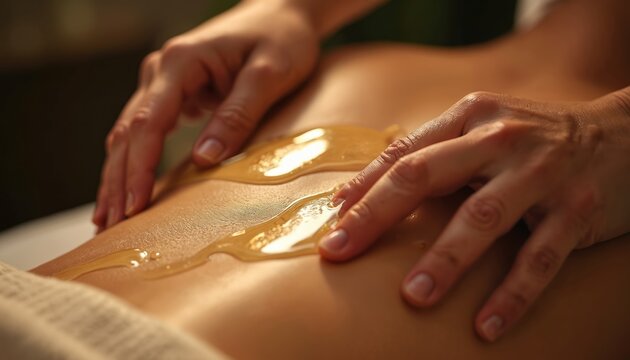 Hands apply warm golden oil onto smooth skin for a deeply relaxing back massage. Therapist provides a soothing body treatment for ultimate wellness and stress relief.