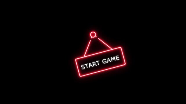 Neon start game sign glowing on black background, retro arcade gaming interface animation