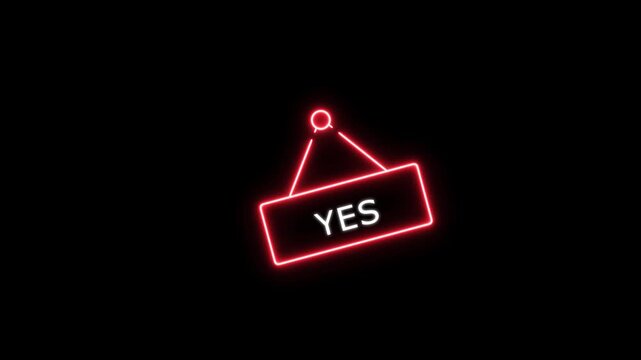 Glowing red neon yes sign hanging on black background, for positive affirmation, and approval concept