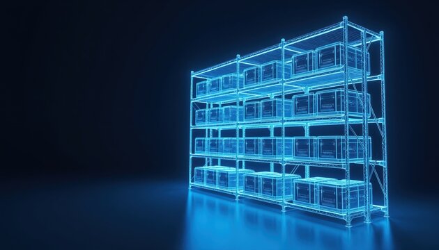 Digital wireframe warehouse shelves hold glowing blue boxes against a dark backdrop. Futuristic system for storage and logistics with interconnected data streams visualized.