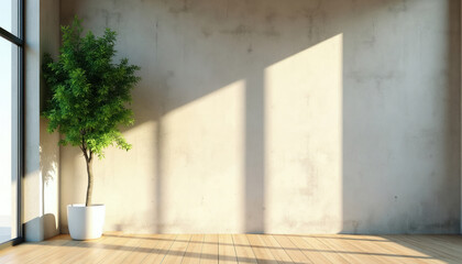 Fototapeta premium Tall green potted tree stands indoors next to large window. Sunlight casts long shadows on wall and wooden floor creating calm atmosphere. Room design is minimalist simple and clean.