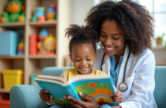 Smiling doctor reads colorful book to young child. Pediatrician and toddler interact happily in bright medical office. Child enjoys story time during visit to clinic.