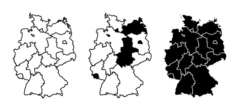 Germany Map Regions: Outline, Highlighted States, Full Silhouette Vector Set