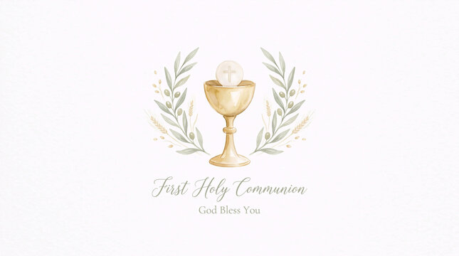 First holy communion chalice with olive wreath watercolor illustration
