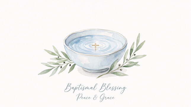 Baptismal water bowl with cross watercolor illustration
