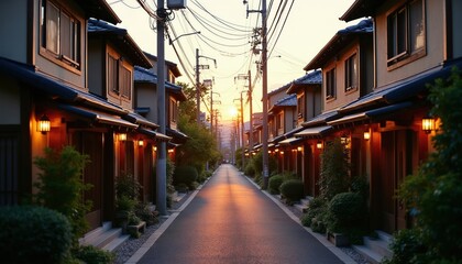 Obraz premium Street with traditional japanese houses at sunset. Warm lanterns glow on calm evening. Overcast sky, rich greenery line pathway. Buildings feature classic architecture.
