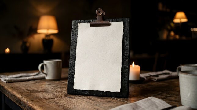 Blank White Menu Paper on Charred Wood Board Mockup