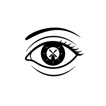 Human eye icon with a windmill silhouette inside the pupil as a black and white vector illustration