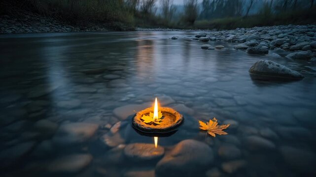 A floating candle set on a leaf in a river with rocks, and an autumn leaf beside it