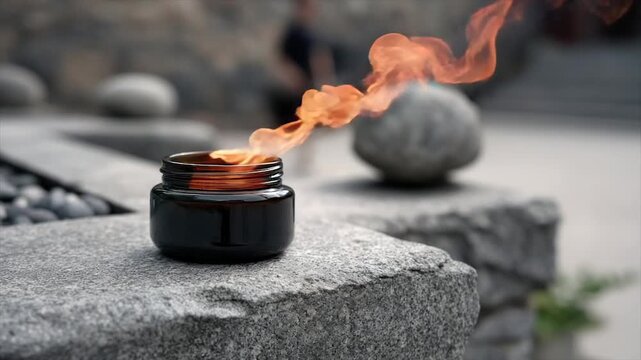 A burning, dark jar sits atop a textured stone surface, flames dance above it