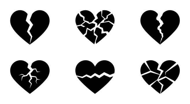 Six Black Broken Heart Icons, Symbolizing Sadness, Grief, and Heartbreak. Vector Graphics for Emotional Concepts.
