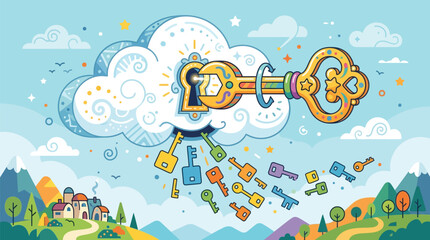 Naklejka premium Vibrant vector illustration featuring a large ornate golden key unlocking a fluffy white cloud symbol representing digital security and data access in a bright sunny landscape