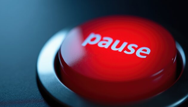 Red shiny push button with white PAUSE text. Macro shot on dark background. Symbol of control and interruption, media player function. Stop or hold action.