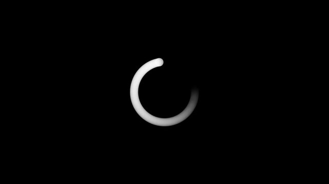 Minimalist white loading spinner animation on black background, for digital interface, progress buffering