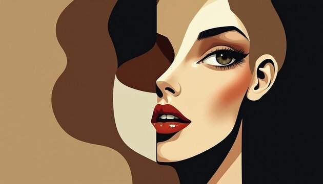 Abstract woman face profile art. Geometric shapes create modern portrait with brown and beige tones. Bold red lips and detailed eye add dramatic beauty. Minimalist graphic style illustration.