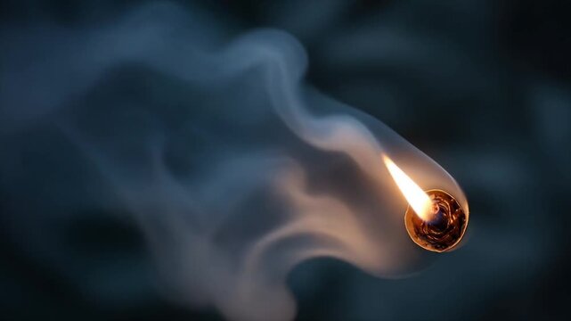 A burning object trails smoke in a dark environment. The flame glows brightly