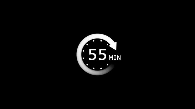 Minimalist circular timer animation with 55 minute countdown on black background, clock progress