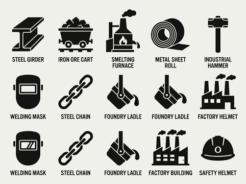 Minimal flat silhouette iron manufacturing icon pack featuring steel girder, iron ore cart, smelting furnace, metal sheet roll, industrial hammer, welding mask, steel chain, foundry ladle