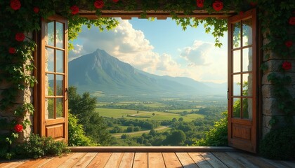 Obraz premium Open window frames view of vast green valley and tall mountain. Stone wall with roses and ivy borders scenic landscape with bright sky and white clouds.