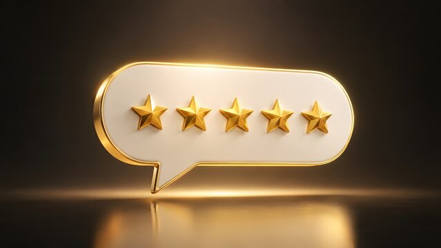 Glowing five star rating in speech bubble on dark glossy background symbolizing premium quality luxury service and excellent customer feedback