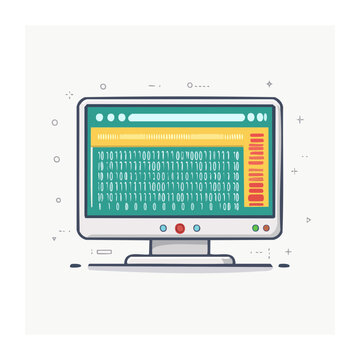 Flat design computer screen displaying binary code