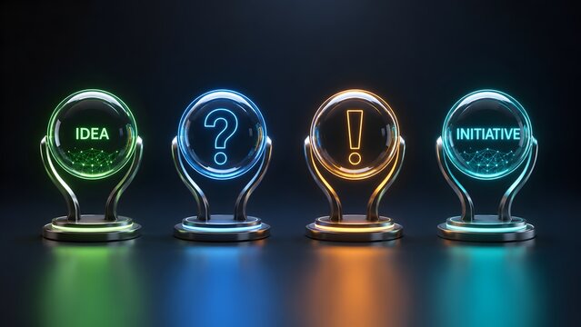 Glowing futuristic spheres with idea question exclamation and initiative symbols representing business problem solving and creative brainstorming process