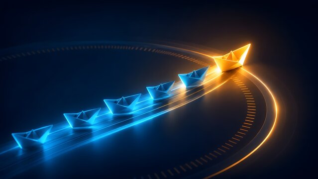 Leadership concept with glowing golden paper boat leading blue boats on dark background symbolizing business strategy and unique vision