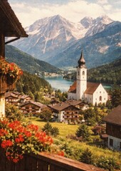 Fototapeta premium Scenic alpine village landscape poster image