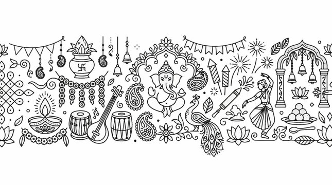 Indian Festival Decorations and Symbols Hand-Drawn Illustration.