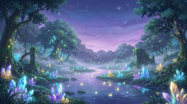 Fantasy Enchanted Forest River with Colorful Glowing Crystals and Fireflies