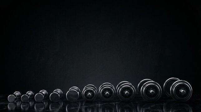 3D render of different sized metal dumbbells arranged in a row on a dark background. Generative AI.