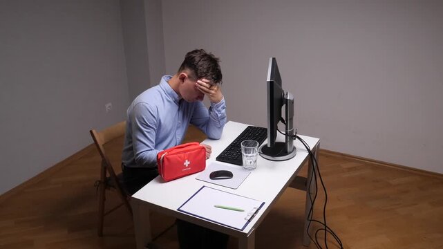 Young man experiencing severe headache and work stress while sitting at an office desk with a first aid kit, computer, keyboard, glass of water, and paperwork
