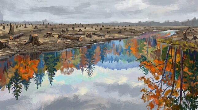 Surreal painting of a deforested barren land reflecting a lush vibrant forest in the river. Generative AI.