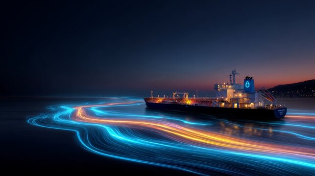 Navigating energy: visualization of safe seas and gas transport. Network communication. Sunset on the high seas: enhanced digital networks for tanker security. Digital signals.