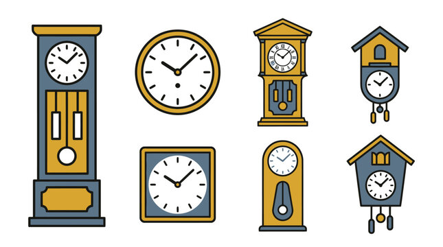 Grandfather clock and wall clock vector icon set.