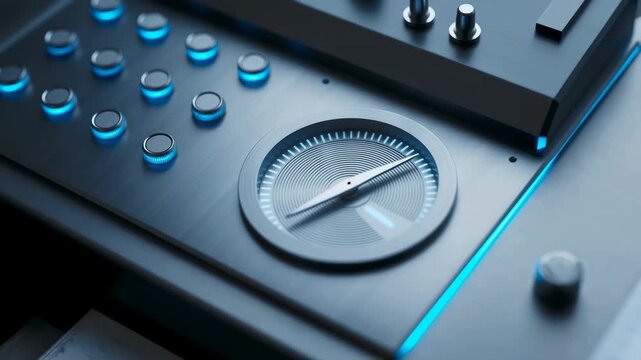 Futuristic control panel with glowing blue buttons and dial