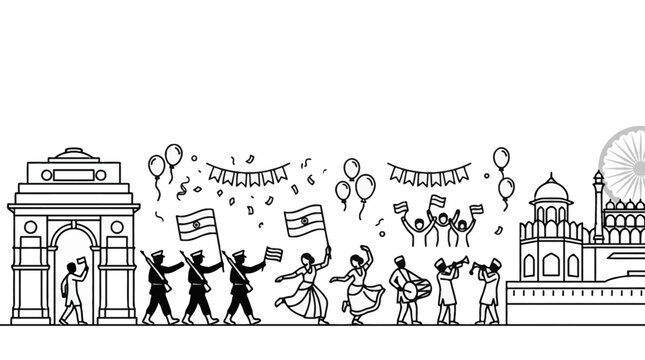Indian Independence Day Celebration Line Art.