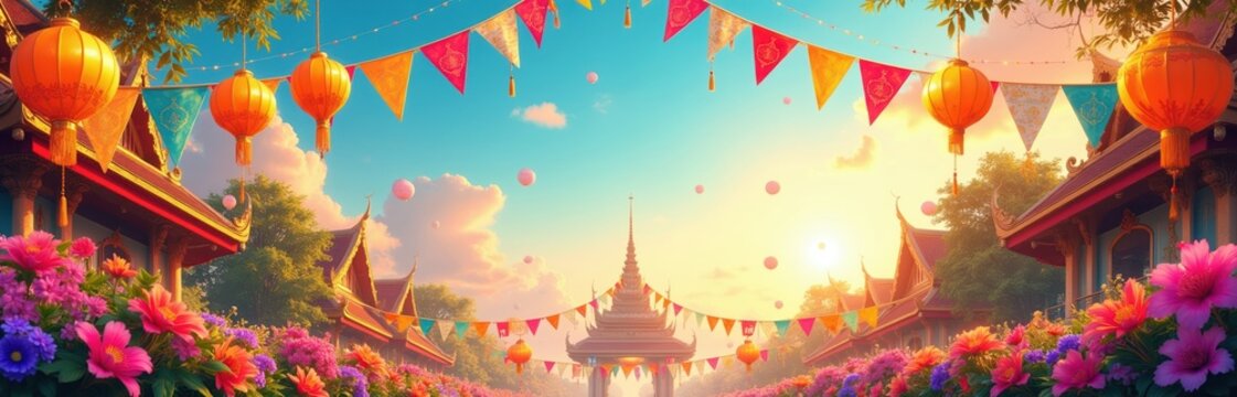Colorful temple buildings under festive bunting flags and lanterns. Lush flowers bloom brightly under a pastel sky with floating lanterns. Asian festival celebration scene at sunset with bright sun.