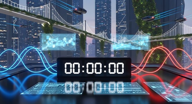 Futuristic blue digital countdown timer interface cyber technology mockup