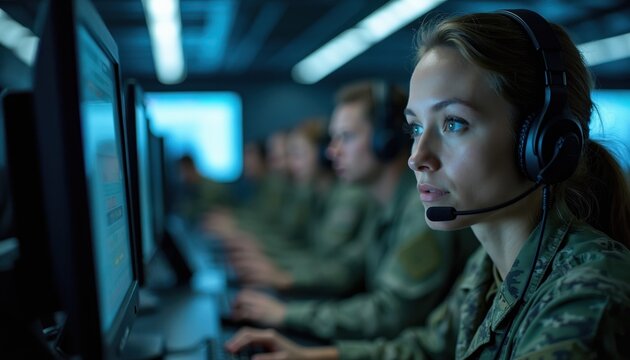 Military personnel work in command center. Woman analyst wears headset, monitors computer screen. Team collaborates on tactical operation. Diverse staff focused on.