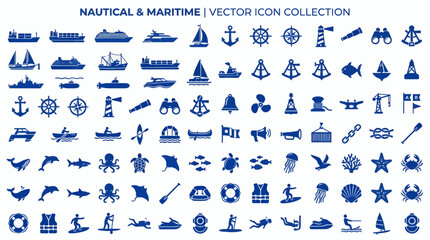 Nautical and Maritime Vector Icon Collection, Flat Royal Blue Graphics Featuring Ships, Marine Life, and Water Sports Equipment on White Background © chozin