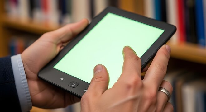 Close-up of Hands Holding a Digital E-reader Device with a Bright Screen.